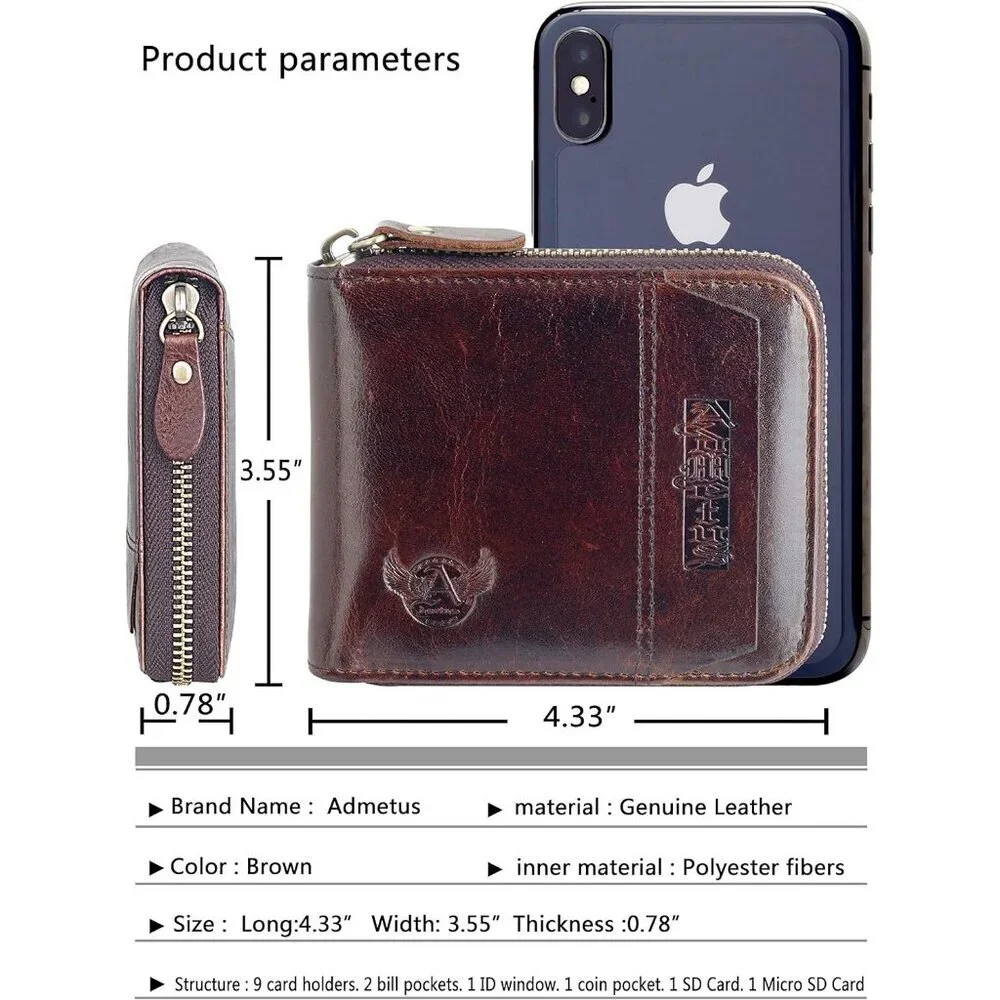 Men's Genuine Leather Dark Brown Short Zip Around Pockets Bifold Wallet Card
